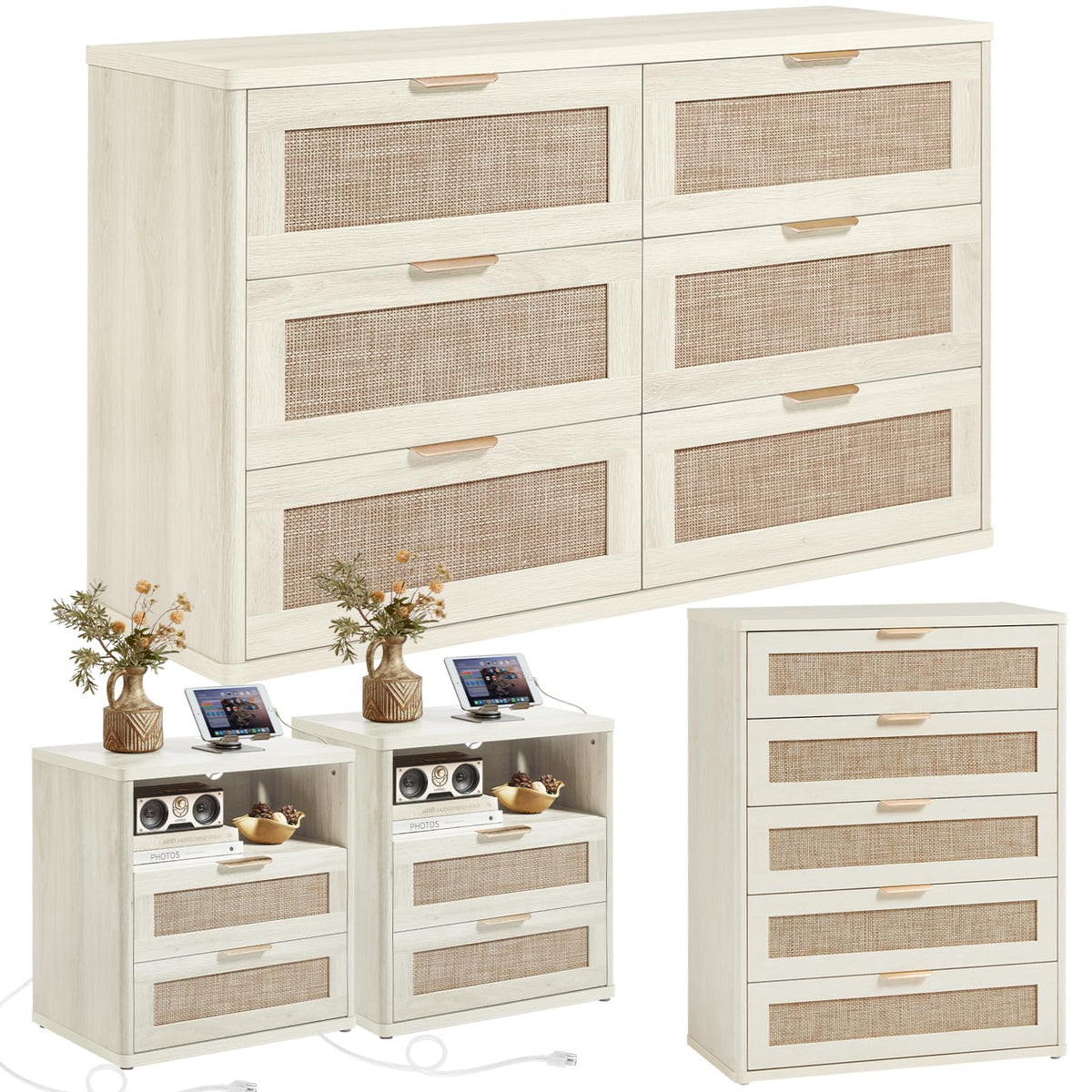 LEYAOYAO Rattan Dresser and Nightstand Sets 4 Piece, Grey White