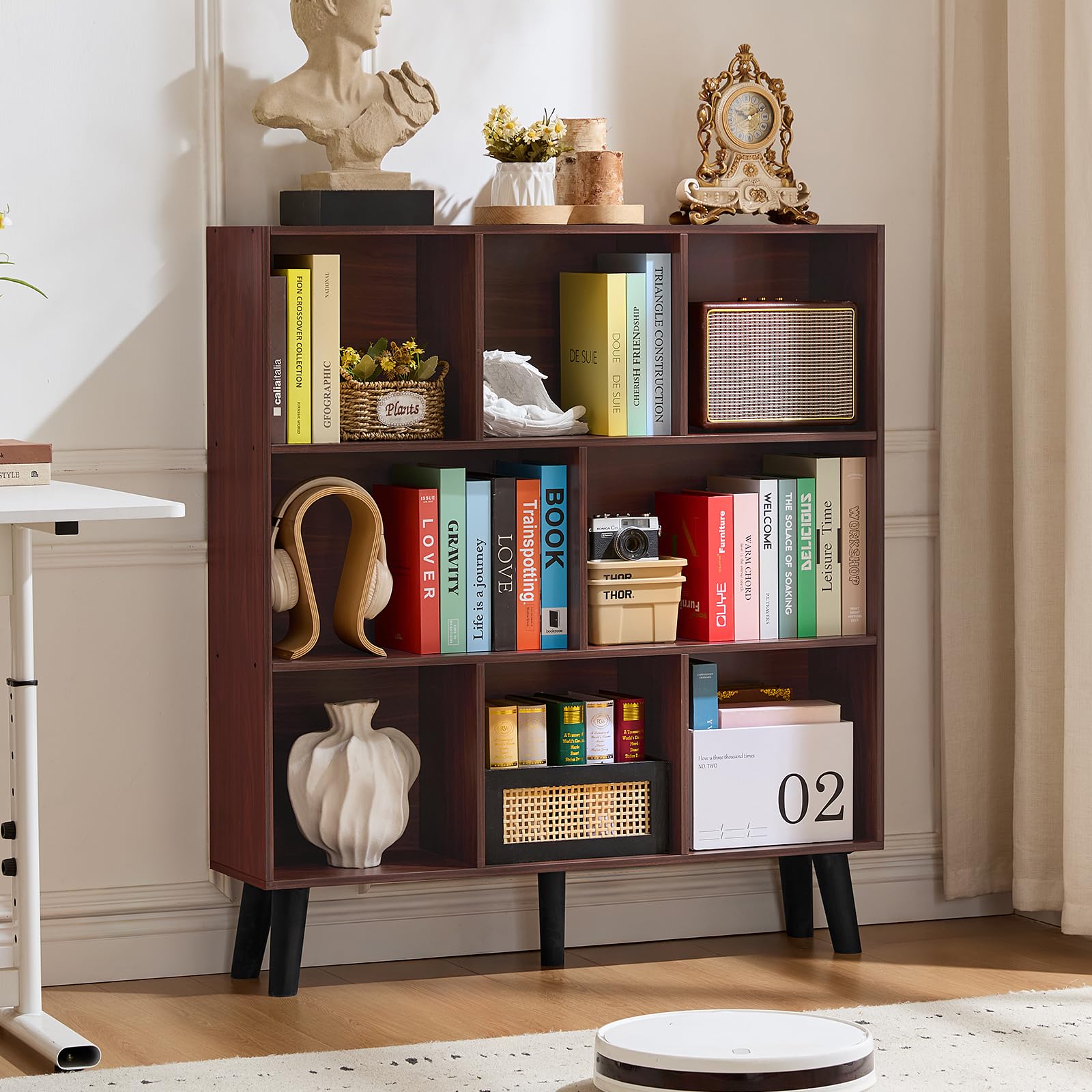 LEYAOYAO Cube Bookshelf, Mid-Century Modern Book Shelf with Legs, Brown