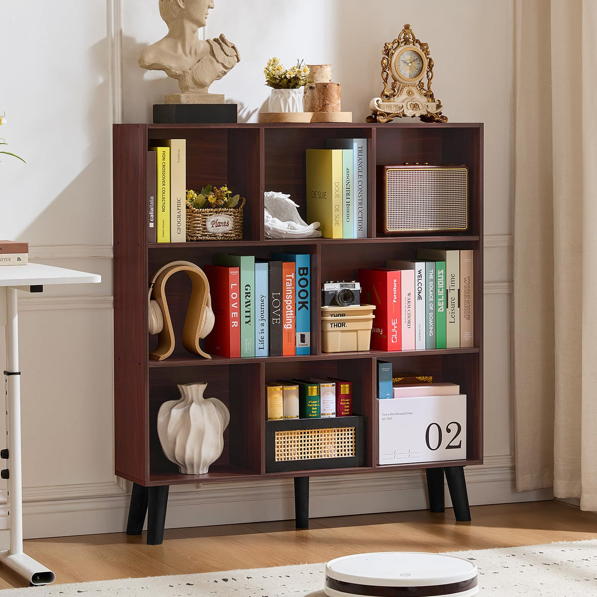 LEYAOYAO Cube Bookshelf, Mid-Century Modern Book Shelf with Legs, Brown