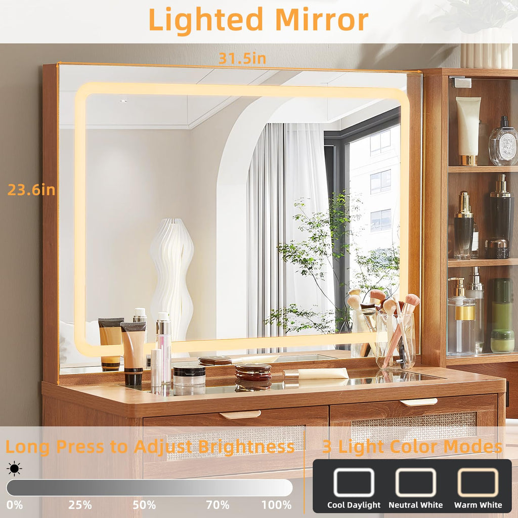 LEYAOYAO Rattan Makeup Vanity Desk with Stool, Mirror and Lights