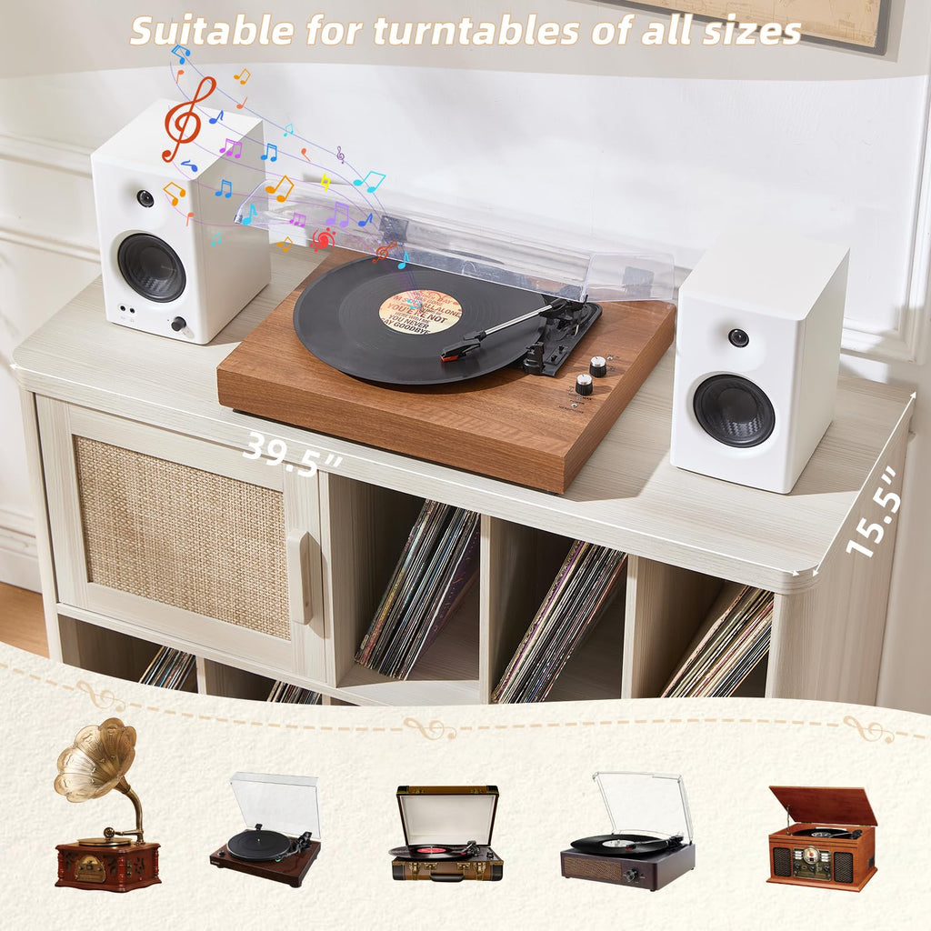 LEYAOYAO Large Record Player Stand with Vinyl Storage Up to 450 Albums, Wood Fluted Record Storage Accent Cabinet, Modern Stereo Media Cabinets, Wide Turntable Stand for Living Room, Antique White
