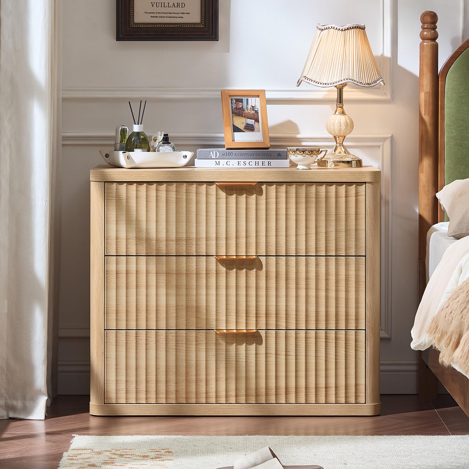 LEYAOYAO 31.5" Wide Fluted Nightstand, Oversized Night Stand, Antique White