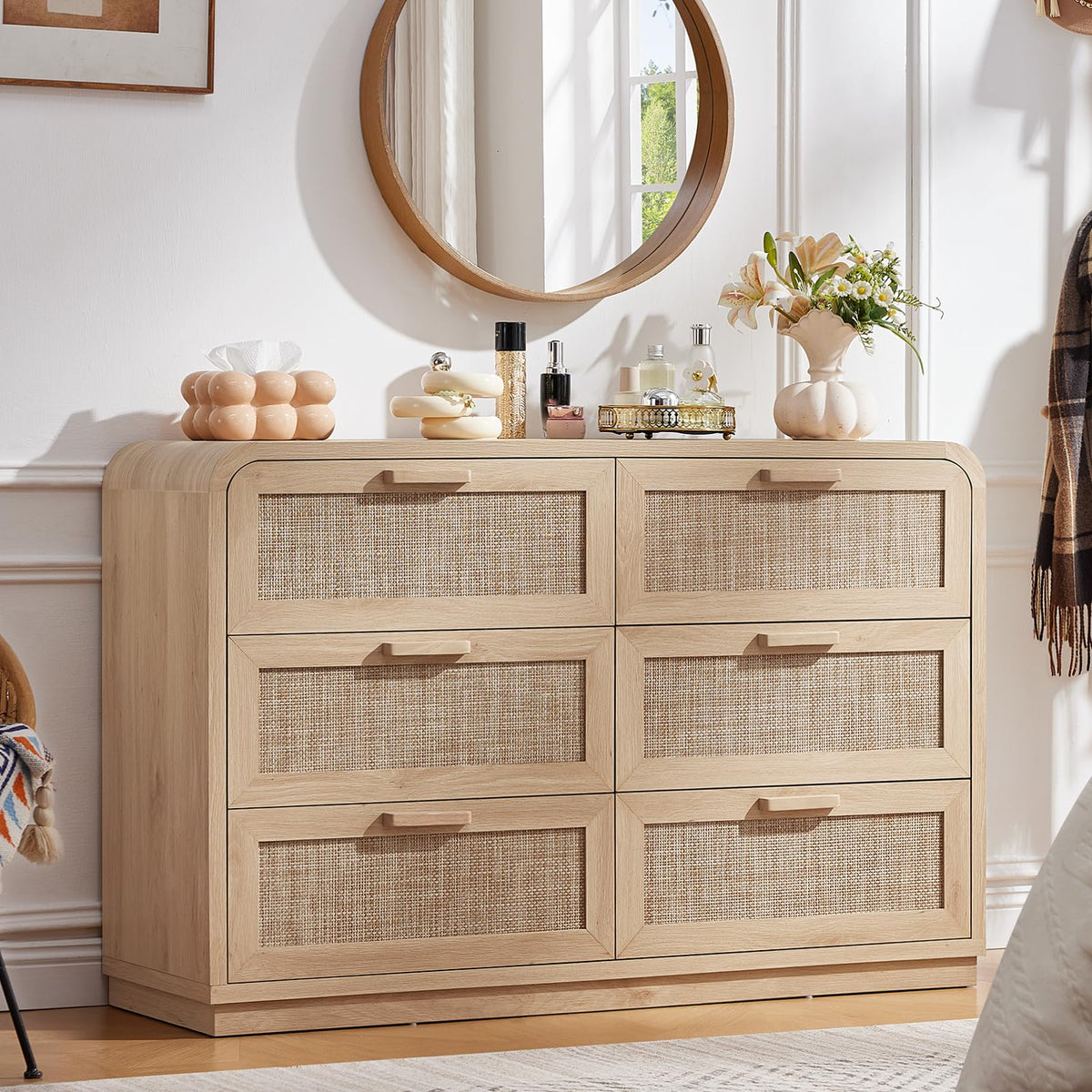 LEYAOYAO Curved Boho Dresser & Nightstand Set of 3, Natural Wood