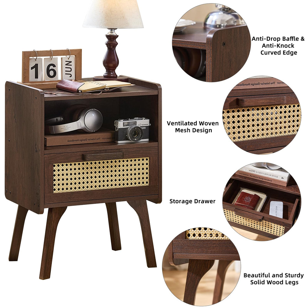 Lerliuo Rattan Nightstand, Boho Side Table with Drawer Open Shelf