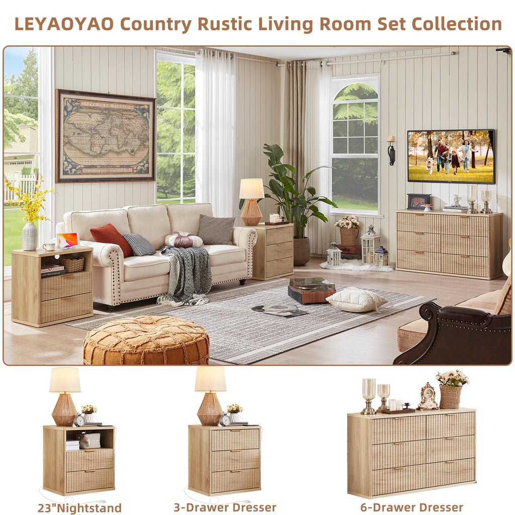 LEYAOYAO 48" Wide Fluted Dresser and 1 Drawers 23" Nightstand Set of 2, Wooden Dresser & Night Stand with Charging Station, 3 Piece Bedroom Furniture Set, Chest of Drawer for Living Room,Antique White