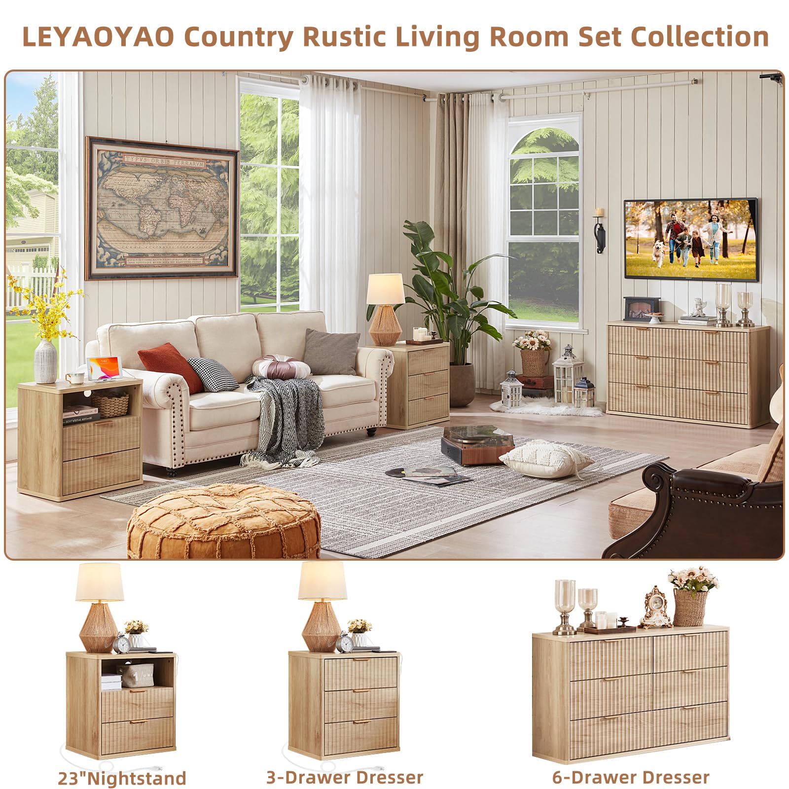 LEYAOYAO 48" Wide Fluted Dresser and 1 Drawers 23" Nightstand Set of 2, Wooden Dresser & Night Stand with Charging Station, 3 Piece Bedroom Furniture Set, Chest of Drawer for Living Room,Antique White