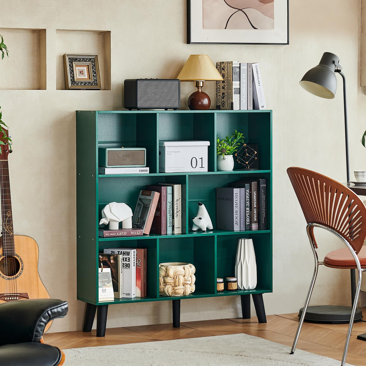 LEYAOYAO 7 Cube Bookshelf, Mid-Century Modern Bookcase Legs,Black Wooden Book Shelves, Wood 3-Tier Freestanding Storage Organizer Display Shelf for Bedroom,Living Room,Office