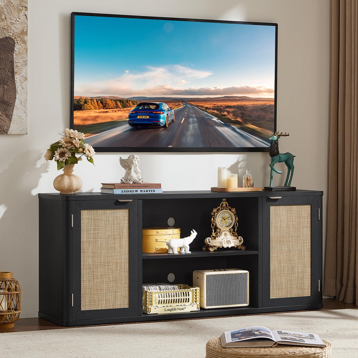 LEYAOYAO Rattan TV Stands for Living Room, Walnut