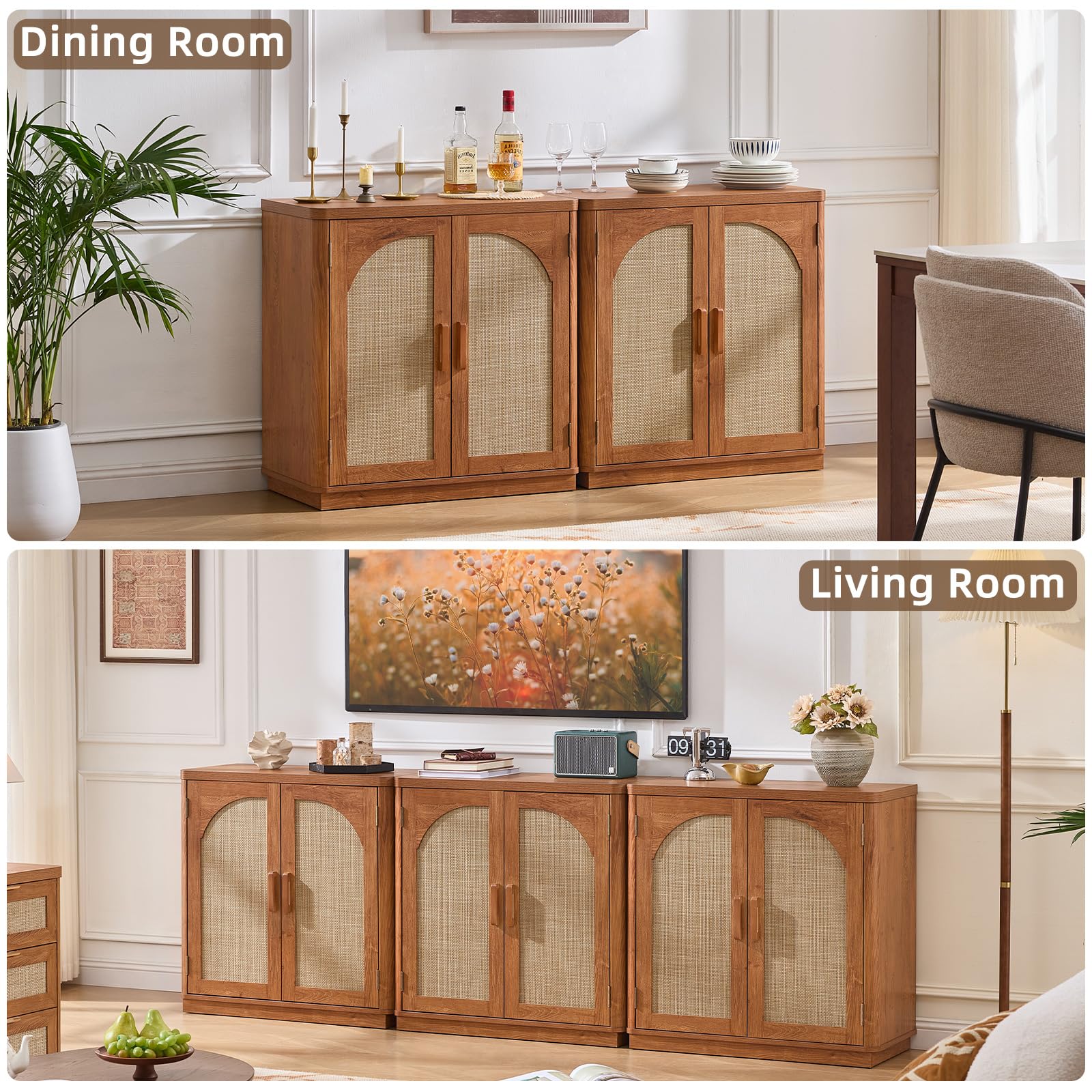 LEYAOYAO Rattan Sideboard Buffet Cabinet with Storage, 31.5" Coffee Bar Cabinet with Arch Doors & Adjustable Shelves, Wood Credenza, Boho Accent Cabinet for Kitchen, Living Room, Natural