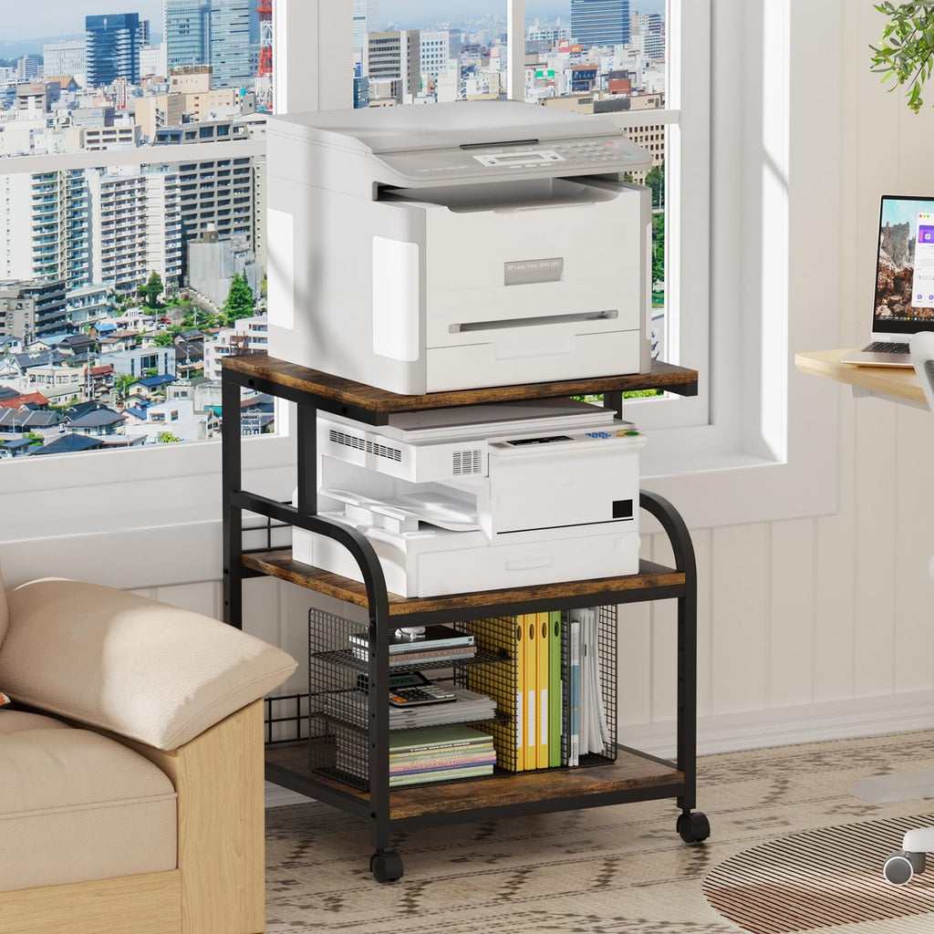 Lerliuo 3 Tier Black Large Printer Stand with Adjustable Storage Shelf
