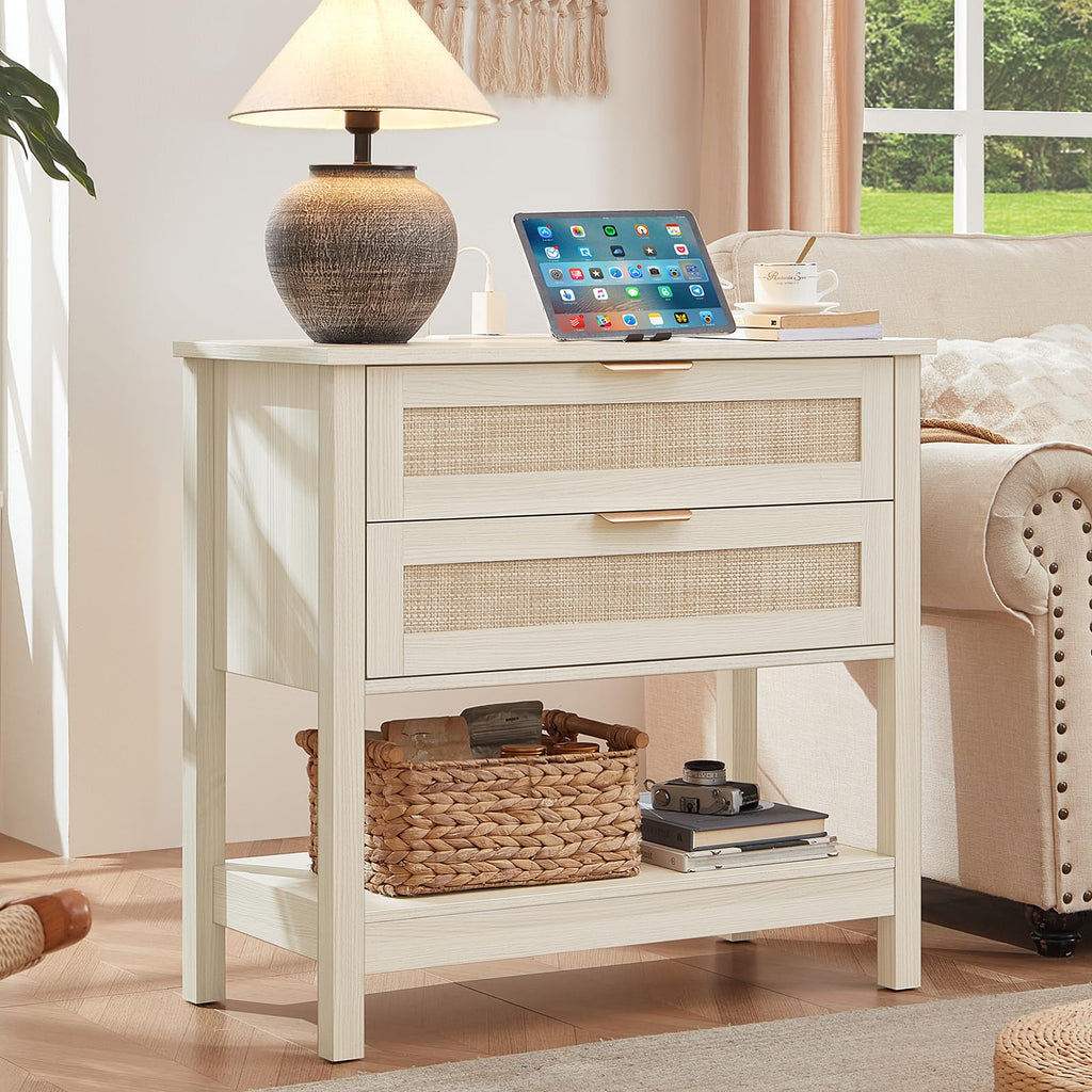 Lerliuo 31.5" Wide Rattan Nightstand,Oversized Large Boho Night Stand with 2 Drawers, 30" Tall Grey White Bedside Table with Storage Shelf, Bed Side End Tables for Bedroom, Living Room, Hallway