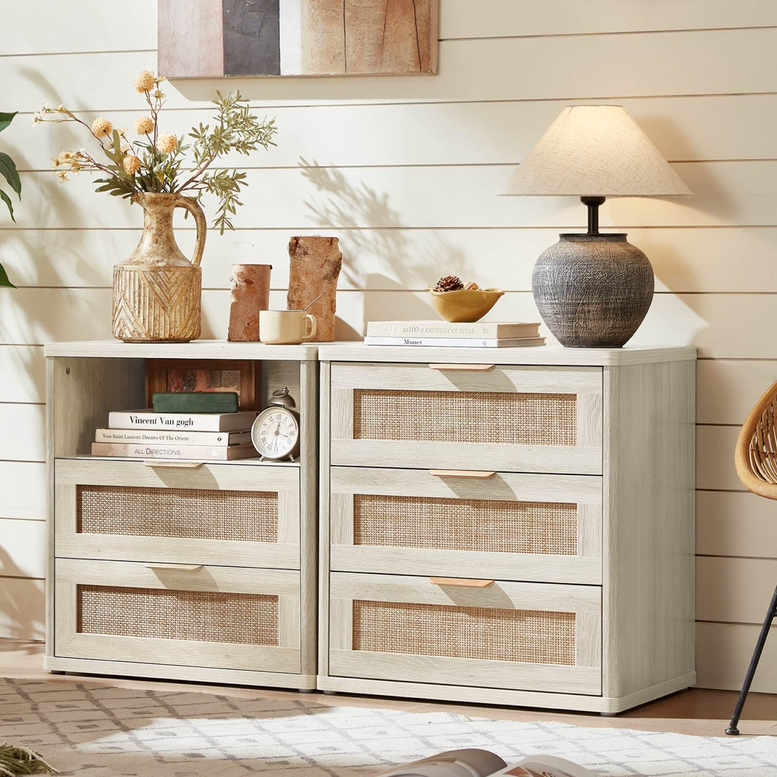LEYAOYAO Rattan Nightstand Set of 2 with Charging Station, 1 & 2 Drawers Boho Night Stand Dresser for Bedroom, Natural Wood Bedside Table Open Storage Cabinet, Bed Side End Tables, Living Room,Hallway