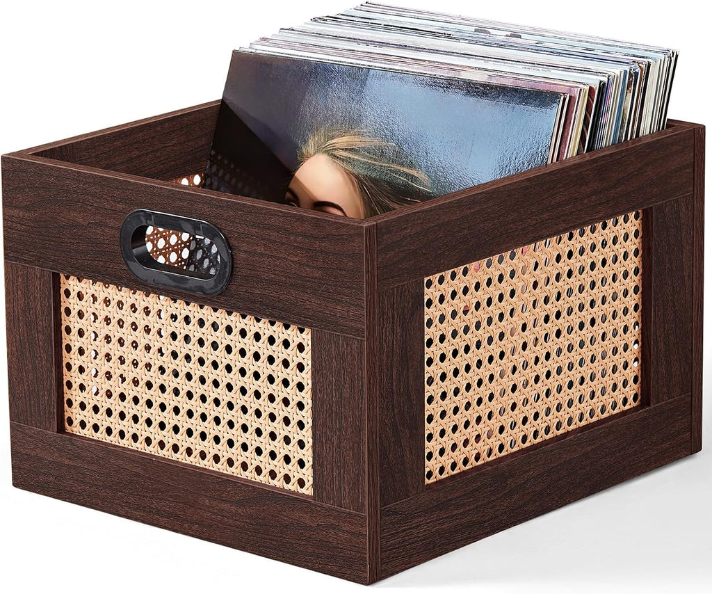 LEYAOYAO Vinyl Record Storage, Rattan Record Crate for Vinyl Albums Holder
