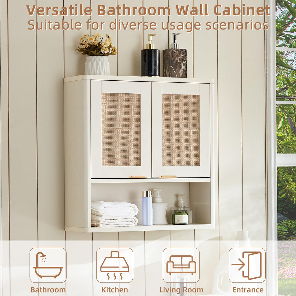 Lerliuo Rattan Bathroom Wall Cabinet, Boho Natural Medicine Cabinet with Adjustable Wood Shelf, 2 Doors Over The Toilet Storage Cabinets for Laundry Room, Kitchen, Living Room