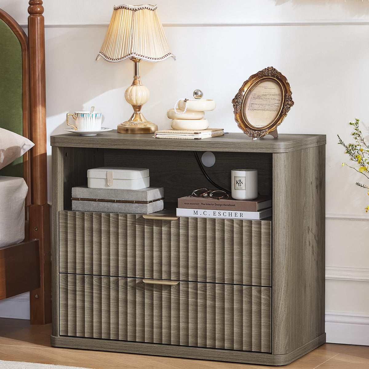 LEYAOYAO 31" Wide Fluted Nightstand with Charging Station, Oversized Extra Large 1 Drawer Night Stand with Golden Handle, Antique White Bedside Table Tall End Tables,for Bedroom, Living Room, Hallway