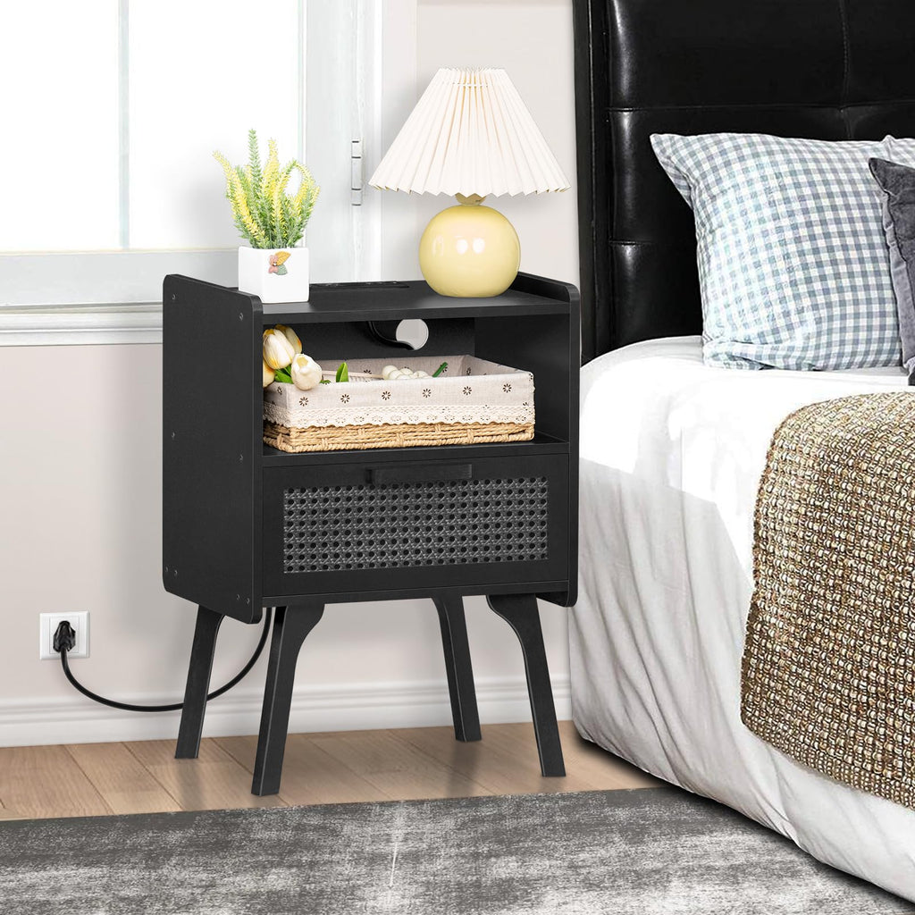 Lerliuo Rattan Nightstand with Charging Station, Boho Night Stand