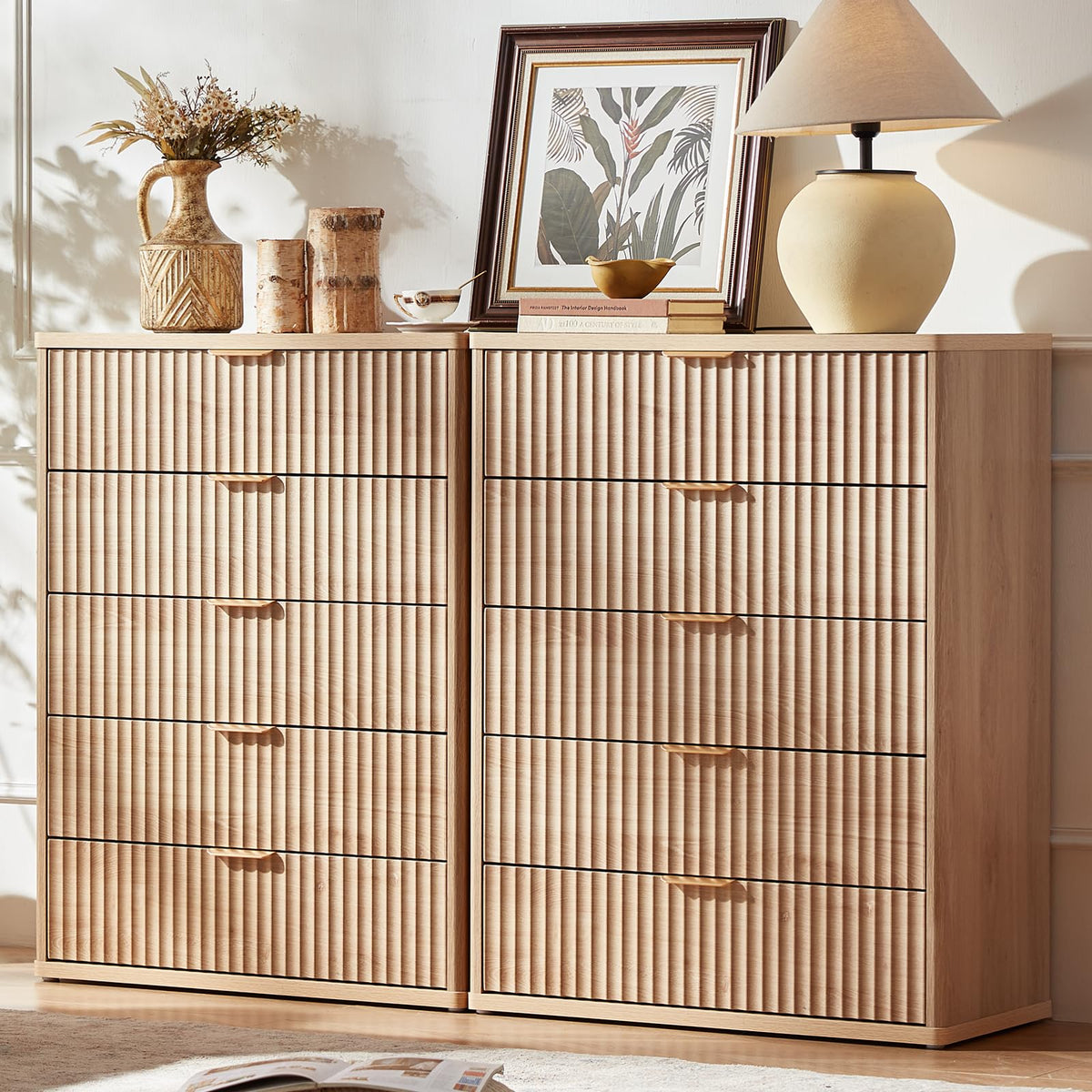 LEYAOYAO Fluted 5 Drawers Dresser for Bedroom, 41" Tall Modern Chest of Drawers with Metal Handle, Curved Profile Design,Natural Wood Drawer Organizer for Bedroom, Living Room, Hallway, Entryway