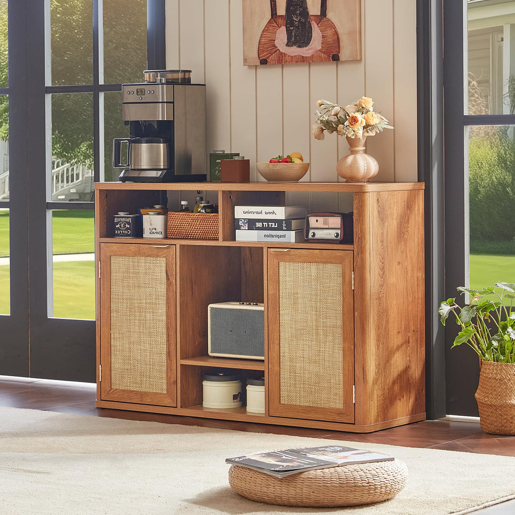 Lerliuo Rattan Wine Bar Cabinet with 2 Doors, Walnut