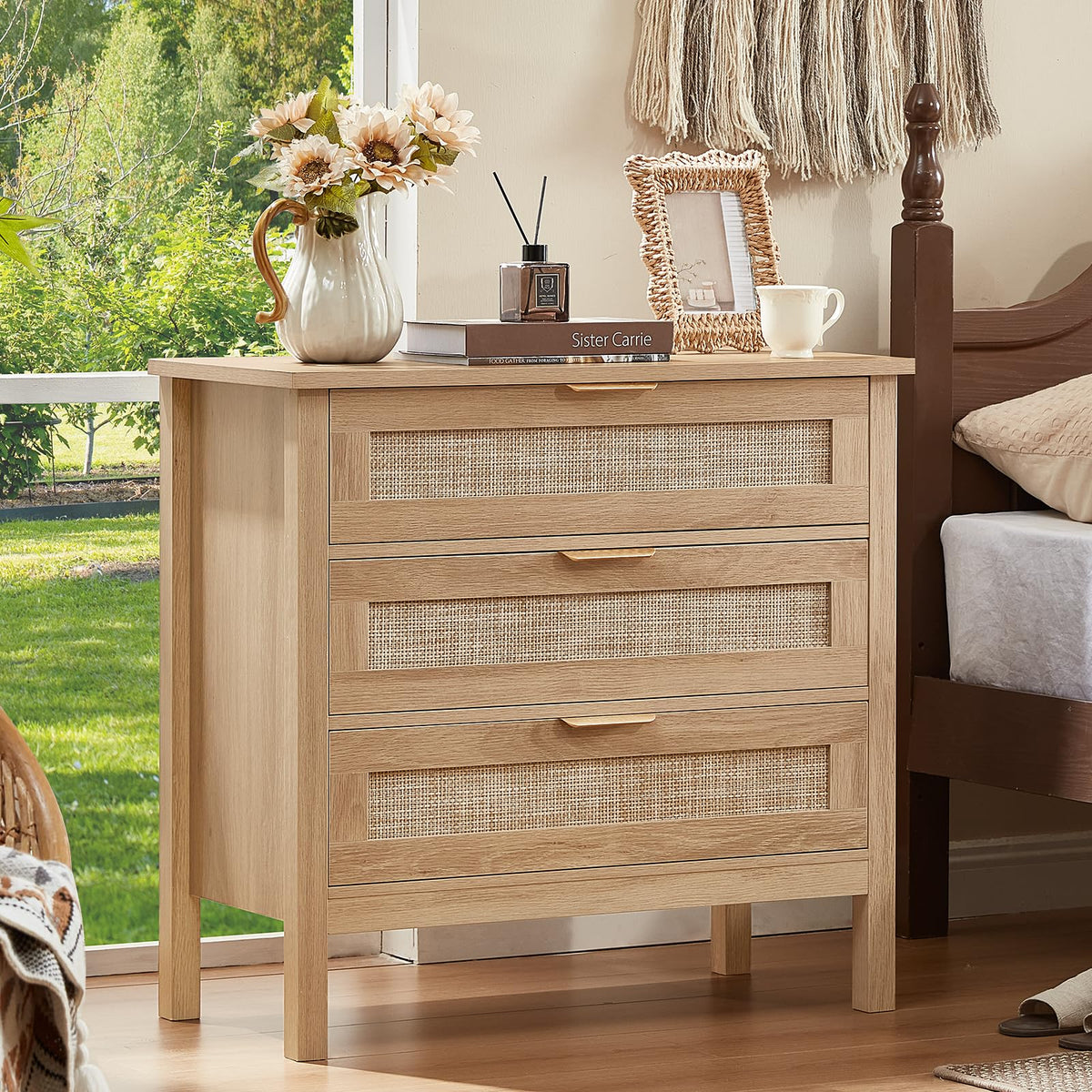 LEYAOYAO 26.8" Wide Rattan Nightstands Set of 2, Large Boho Night Stand