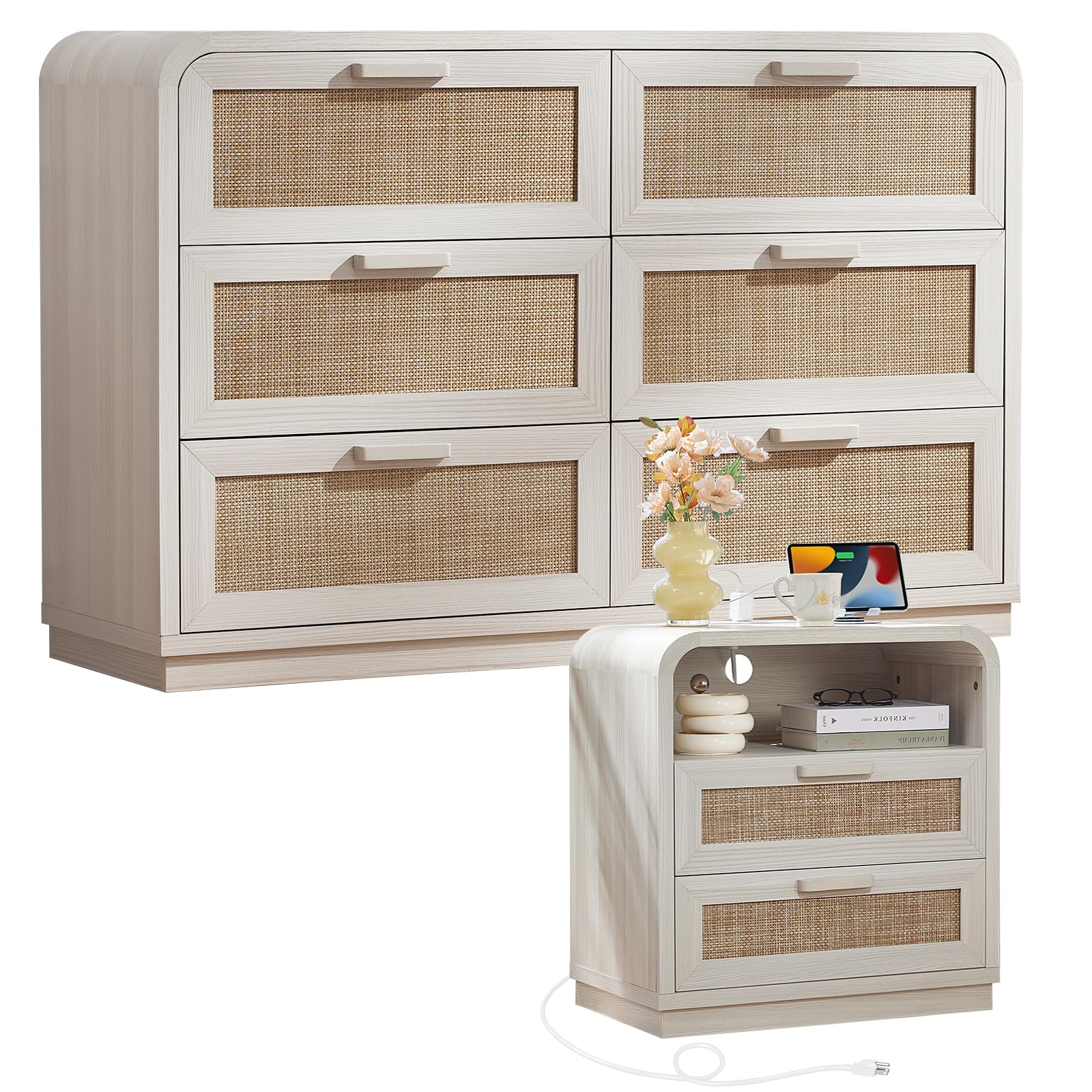 LEYAOYAO Curved Boho Dresser & Nightstand Set of 3, Natural Wood