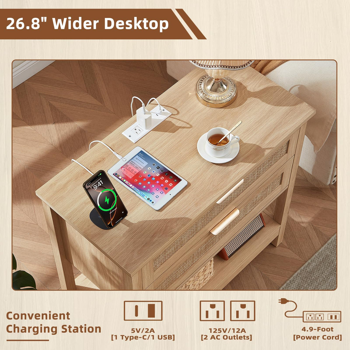 Lerliuo 31.5" Wide Rattan Nightstand,Oversized Large Boho Night Stand with 2 Drawers, 30" Tall Grey White Bedside Table with Storage Shelf, Bed Side End Tables for Bedroom, Living Room, Hallway