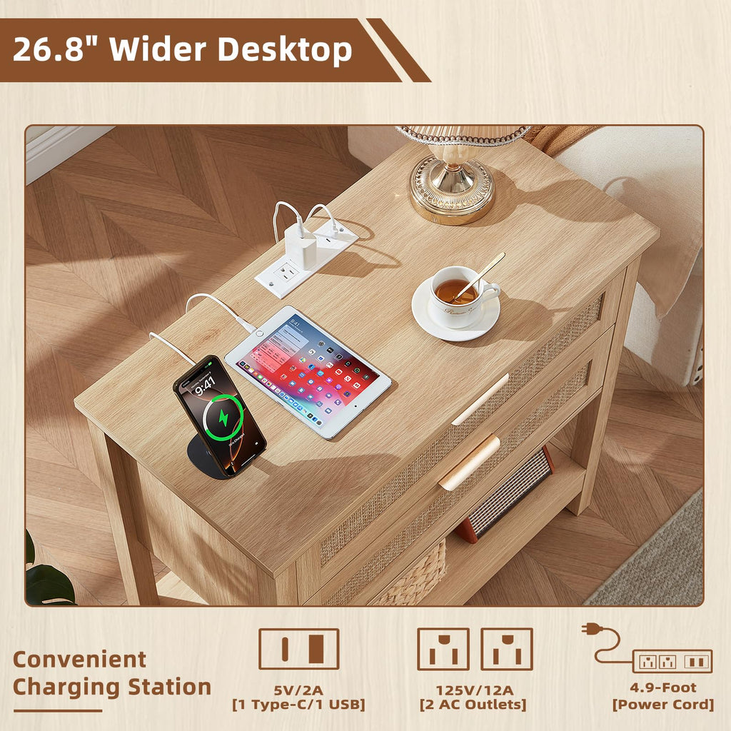 Lerliuo 31.5" Wide Rattan Nightstand,Oversized Large Boho Night Stand with 2 Drawers, 30" Tall Grey White Bedside Table with Storage Shelf, Bed Side End Tables for Bedroom, Living Room, Hallway