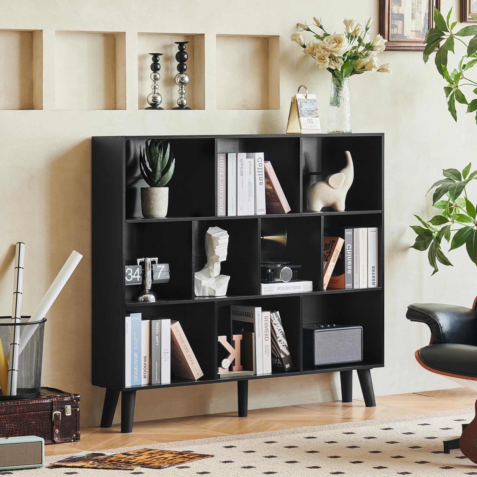LEYAOYAO Cube Bookshelf, Mid-Century Modern Book Shelf with Legs, Brown