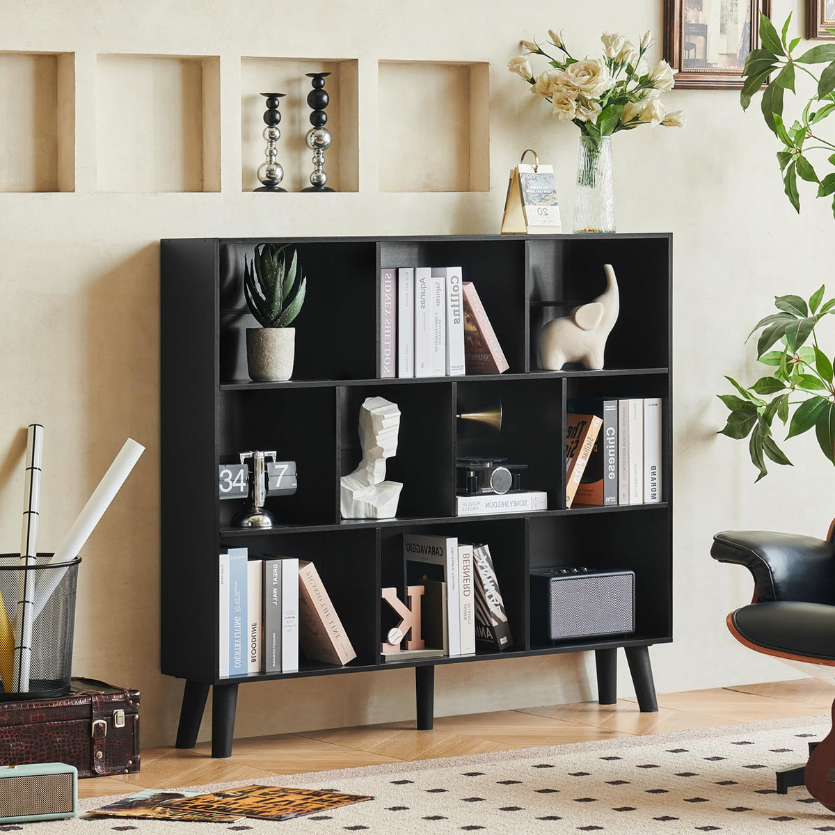 LEYAOYAO Cube Bookshelf, Mid-Century Modern Book Shelf with Legs, Brown