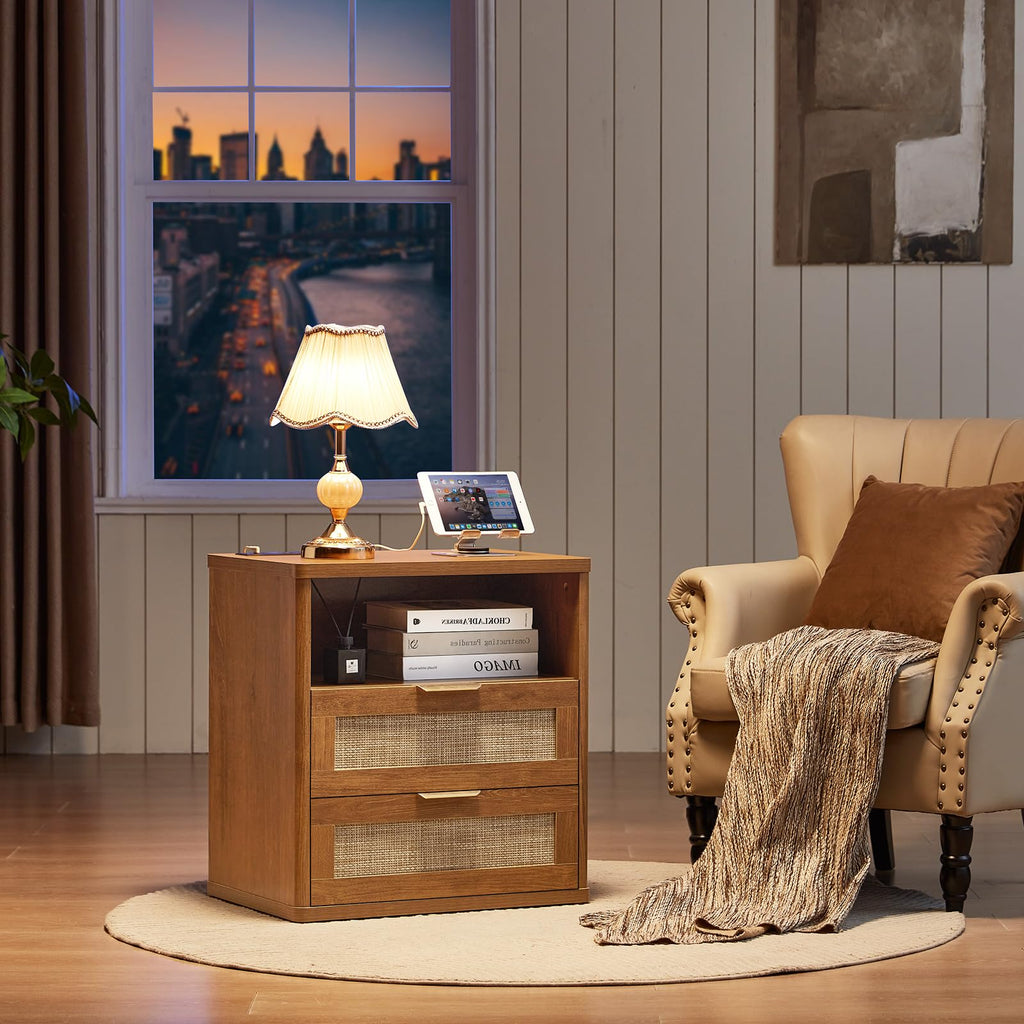 Lerliuo Rattan NightStand with Charger Station, 23" Wide Boho Bedside Table with Drawers, Natural Wood Night Stand Open Storage Cabinet, Bed Side End Table Dresser for Living Room, Hallway, Bedroom