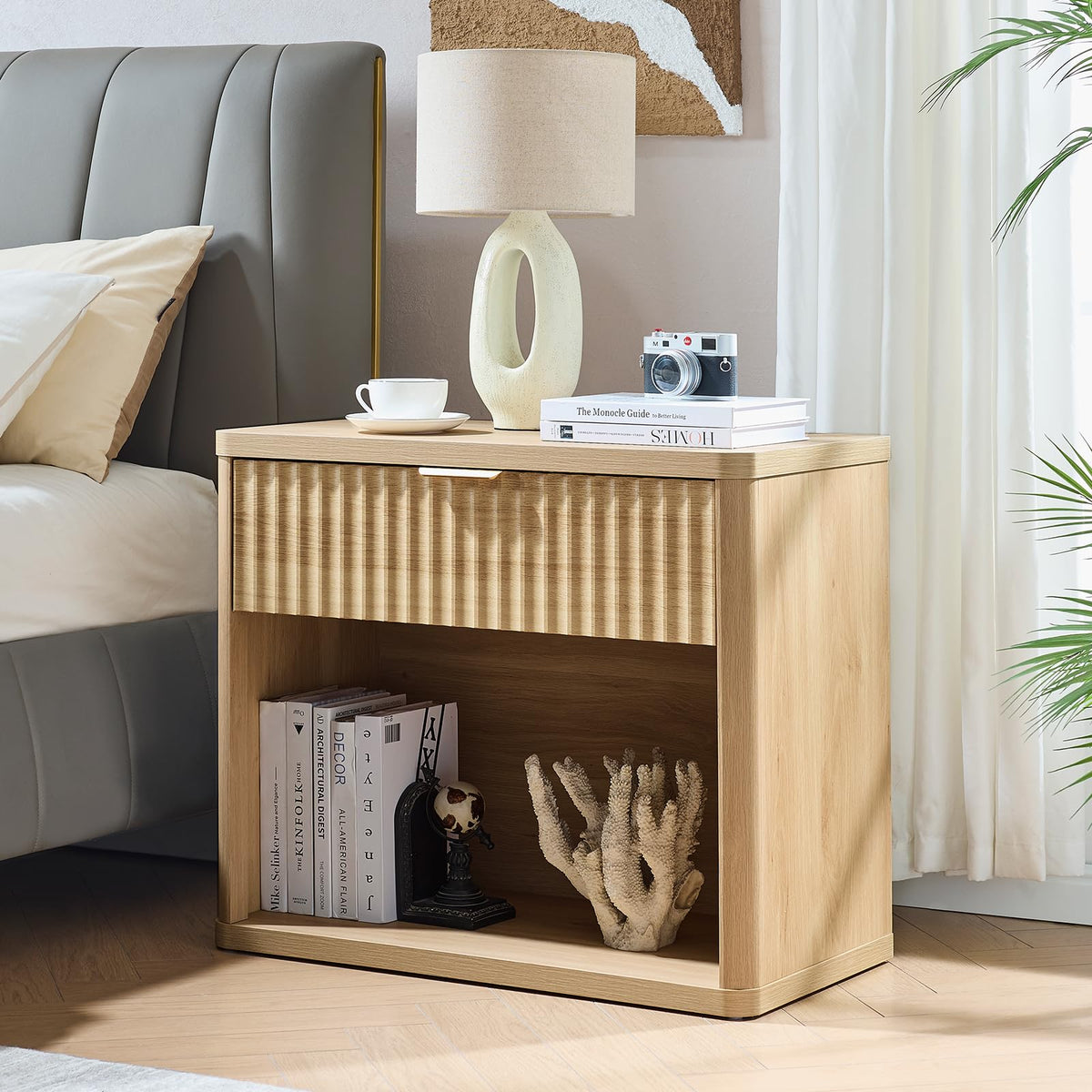 LEYAOYAO 31" Wide Fluted Nightstand with Charging Station, Oversized Extra Large 1 Drawer Night Stand with Golden Handle, Antique White Bedside Table Tall End Tables,for Bedroom, Living Room, Hallway