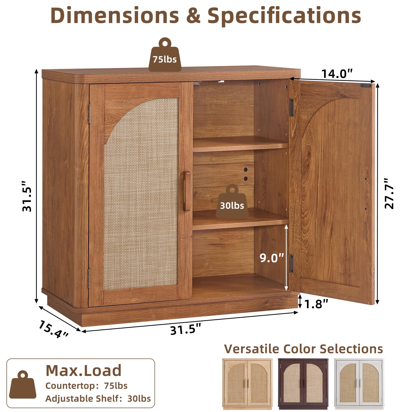 LEYAOYAO Rattan Sideboard Buffet Cabinet with Storage, 31.5" Coffee Bar Cabinet with Arch Doors & Adjustable Shelves, Wood Credenza, Boho Accent Cabinet for Kitchen, Living Room, Natural