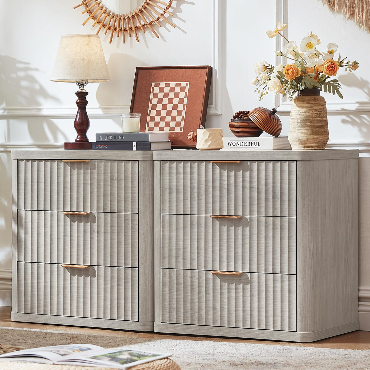 LEYAOYAO 23" Wide Fluted Night Stand with Charging Station, 3 Drawers Large End Table with Storage, LightGrey Nightstand Wood Bedside Tables, Farmhouse Cabinet Dresser for Bedroom, Closet