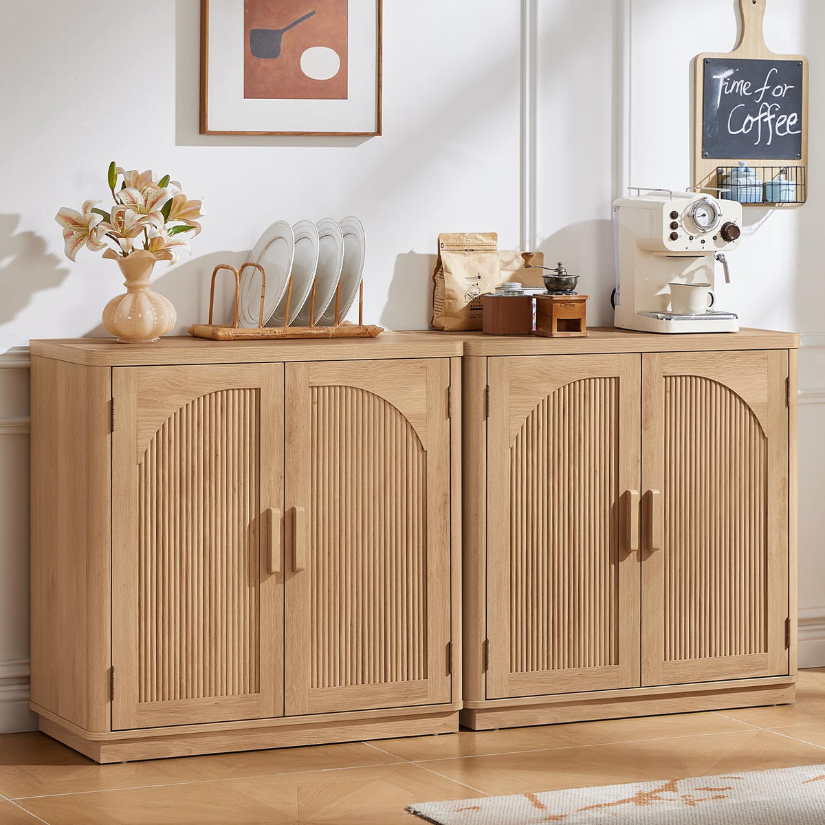 LEYAOYAO Fluted Buffet Cabinet with Storage, 31.5" Coffee Bar Cabinet with Arch Doors & Adjustable Shelves, Mid Century Modern Sideboard, Wood Credenza for Kitchen, Living Room, Natural