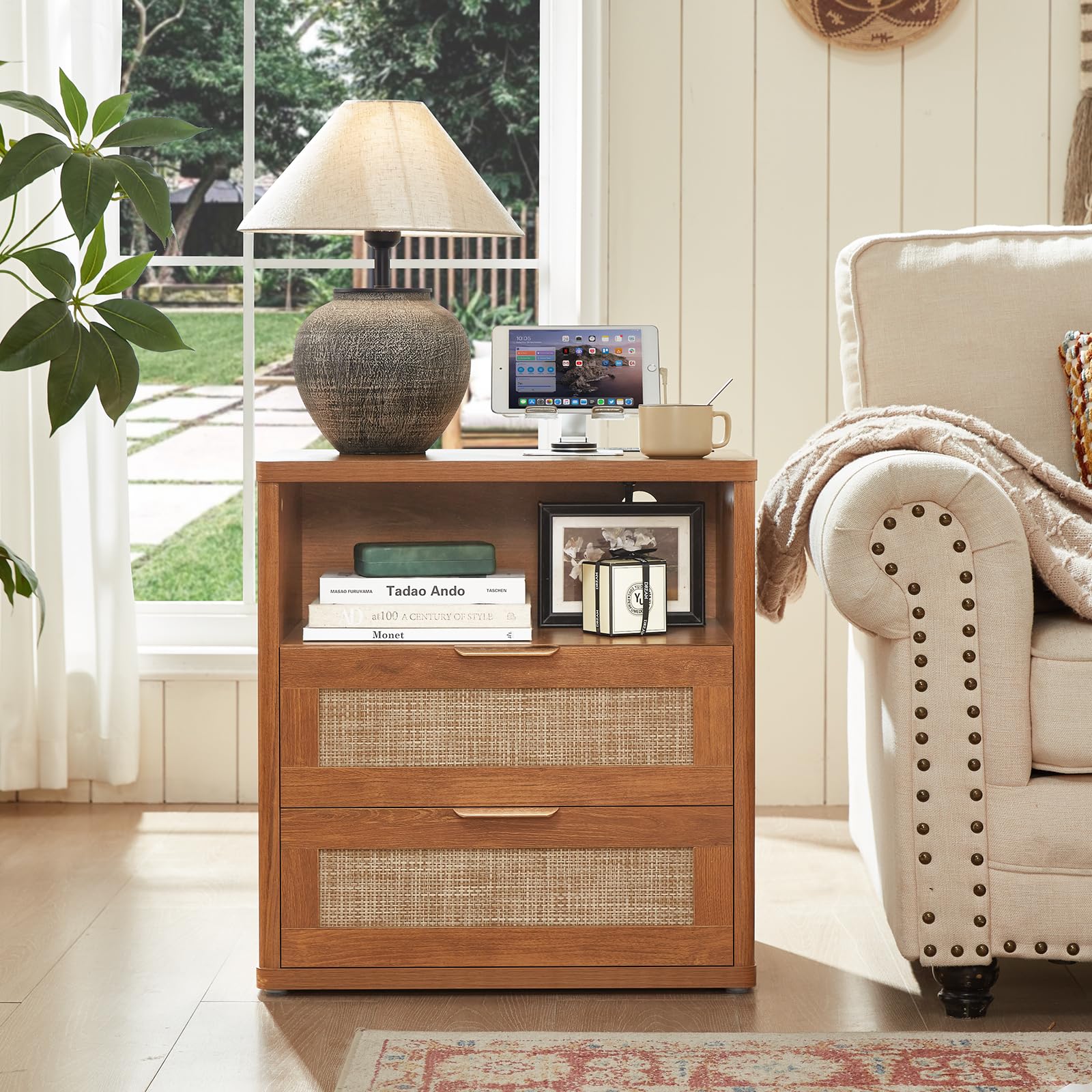 LEYAOYAO Rattan Nightstands Set of 2 with Charging Station, Boho Night Stand Dresser for Bedroom with Drawer, Grey White Bedside Table Open Storage Cabinet, Bed Side End Table, Living Room, Hallway