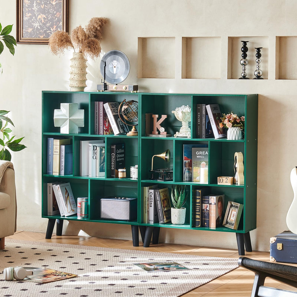 LEYAOYAO 7 Cube Bookshelf, Mid-Century Modern Bookcase Legs,Black Wooden Book Shelves, Wood 3-Tier Freestanding Storage Organizer Display Shelf for Bedroom,Living Room,Office