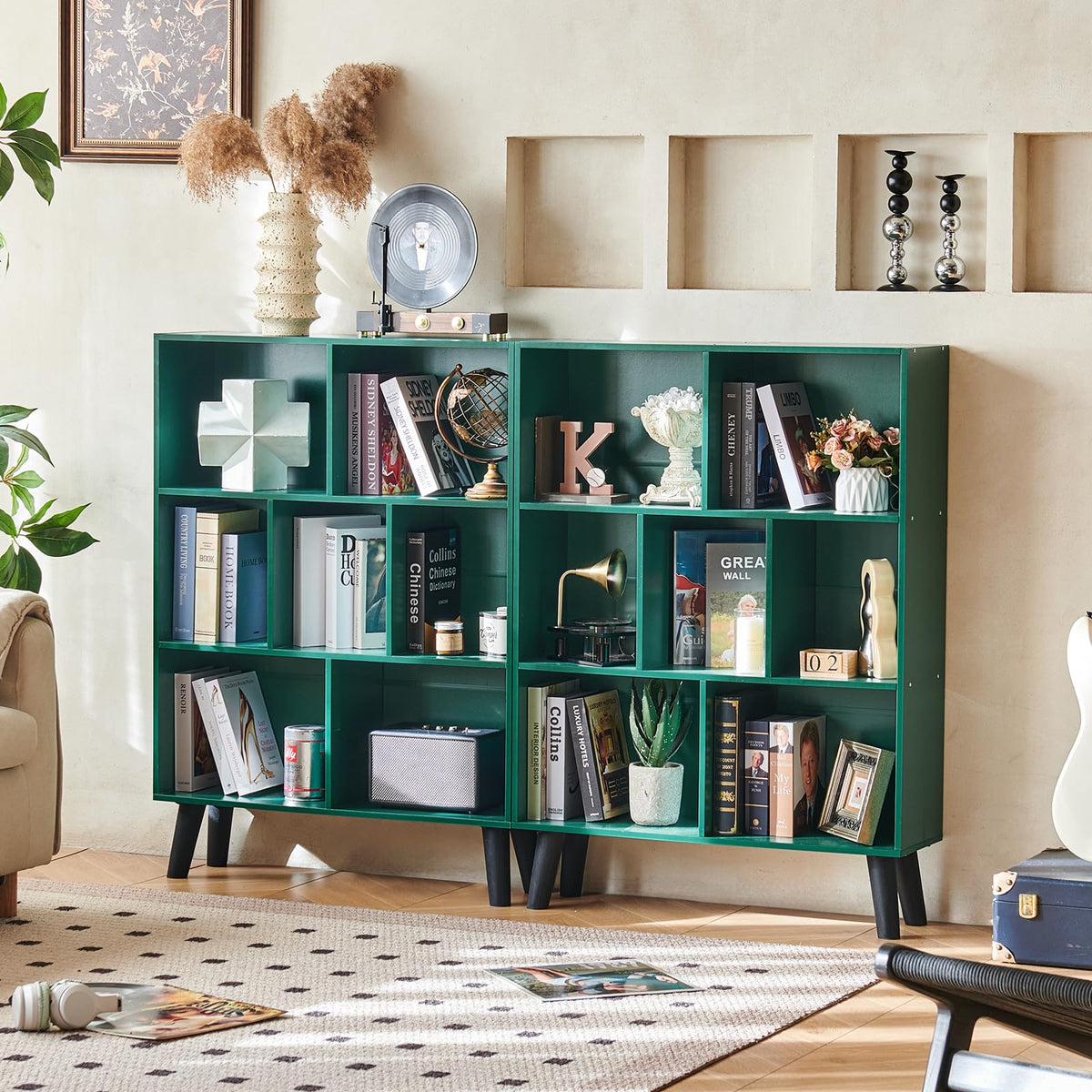 LEYAOYAO 7 Cube Bookshelf, Mid-Century Modern Bookcase Legs,Black Wooden Book Shelves, Wood 3-Tier Freestanding Storage Organizer Display Shelf for Bedroom,Living Room,Office