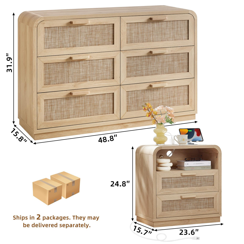 LEYAOYAO Curved Boho Dresser & Nightstand Set of 3, Natural Wood