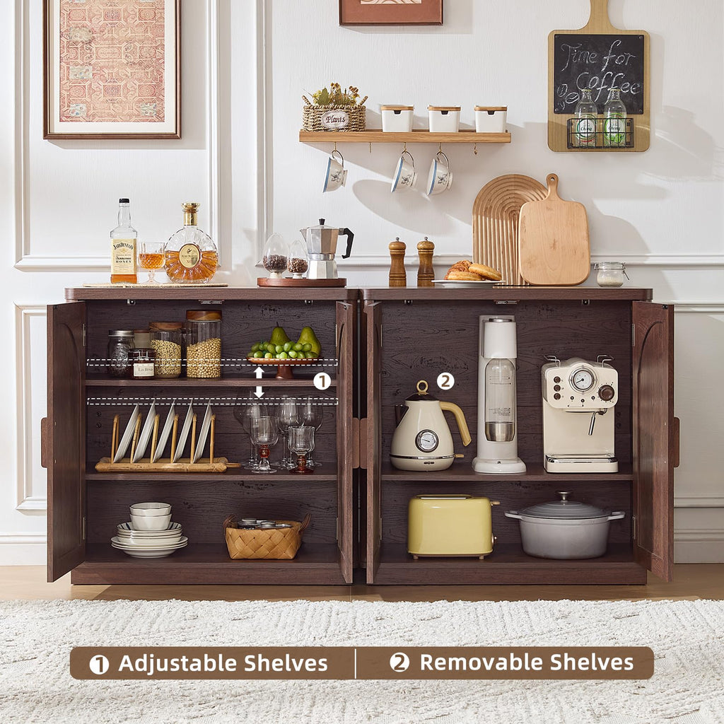 LEYAOYAO Rattan Sideboard Buffet Cabinet with Storage, 31.5" Coffee Bar Cabinet with Arch Doors & Adjustable Shelves, Wood Credenza, Boho Accent Cabinet for Kitchen, Living Room, Natural