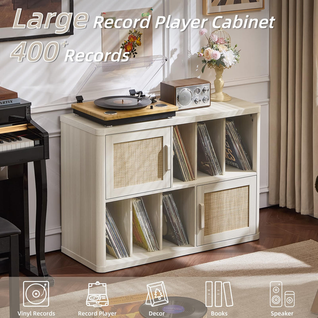 LEYAOYAO Large Record Player Stand with Vinyl Storage Up to 450 Albums, Wood Fluted Record Storage Accent Cabinet, Modern Stereo Media Cabinets, Wide Turntable Stand for Living Room, Antique White