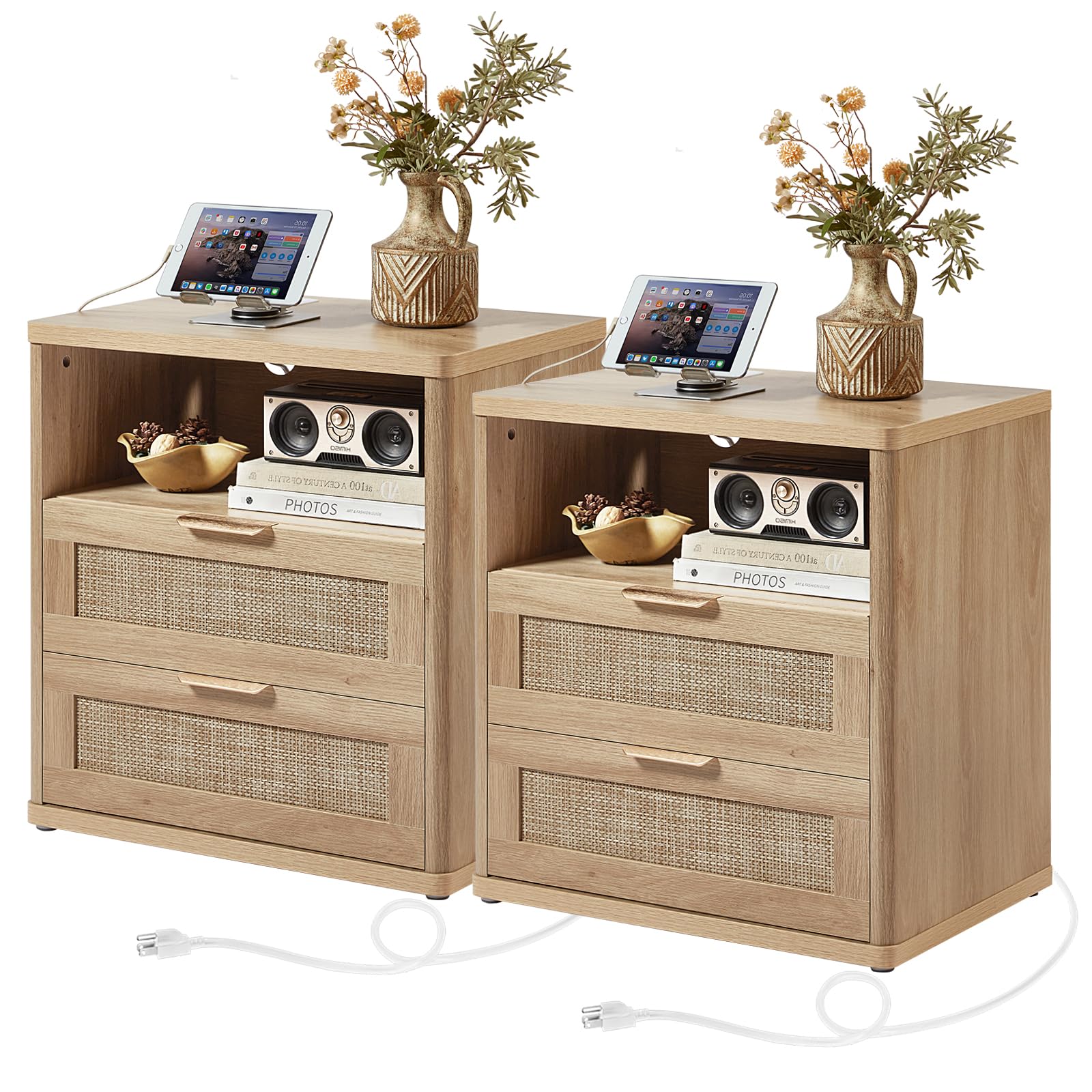 Lerliuo Rattan NightStand with Charger Station, 23" Wide Boho Bedside Table with Drawers, Natural Wood Night Stand Open Storage Cabinet, Bed Side End Table Dresser for Living Room, Hallway, Bedroom