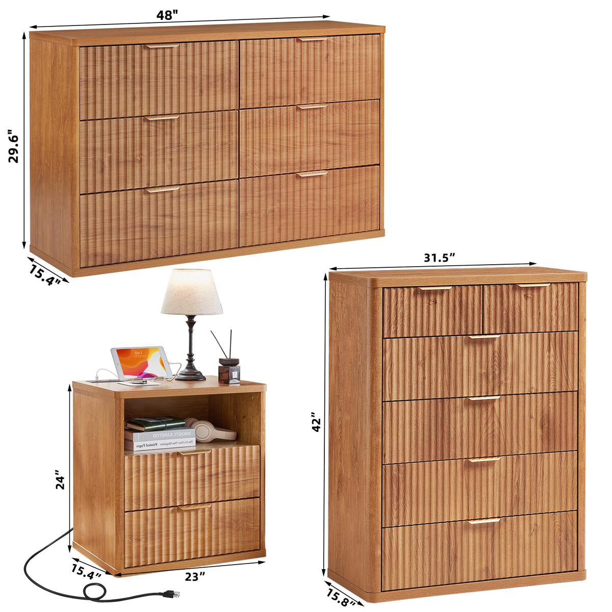 LEYAOYAO Fluted Dressers & Nightstand Set of 4, Wood 48" Wide Dresser & 42" Tall Chest of Drawers,Modern Bedroom Furniture Sets, Black Wooden Nightstand Set of 2 with 2 Drawers & Charging Station