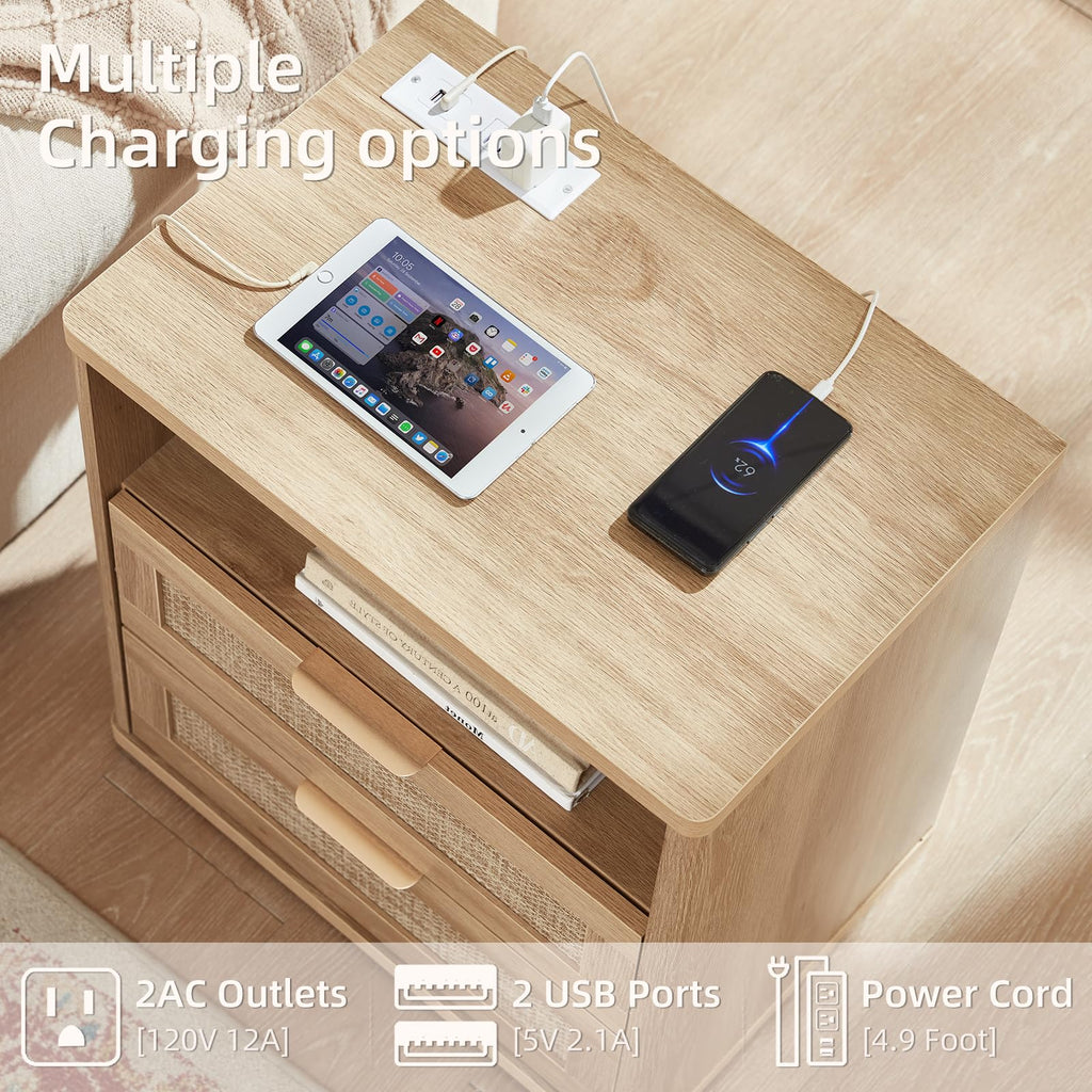 Lerliuo Rattan NightStand with Charger Station, 23" Wide Boho Bedside Table with Drawers, Natural Wood Night Stand Open Storage Cabinet, Bed Side End Table Dresser for Living Room, Hallway, Bedroom
