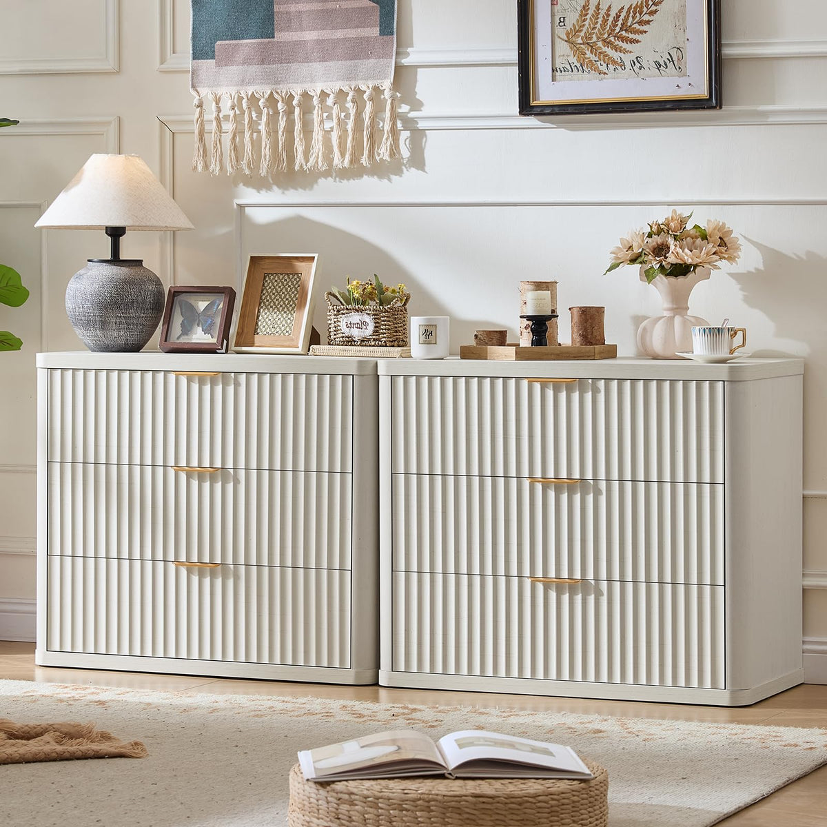 LEYAOYAO 31" Wide Fluted Nightstand with Charging Station, Oversized Extra Large 1 Drawer Night Stand with Golden Handle, Antique White Bedside Table Tall End Tables,for Bedroom, Living Room, Hallway