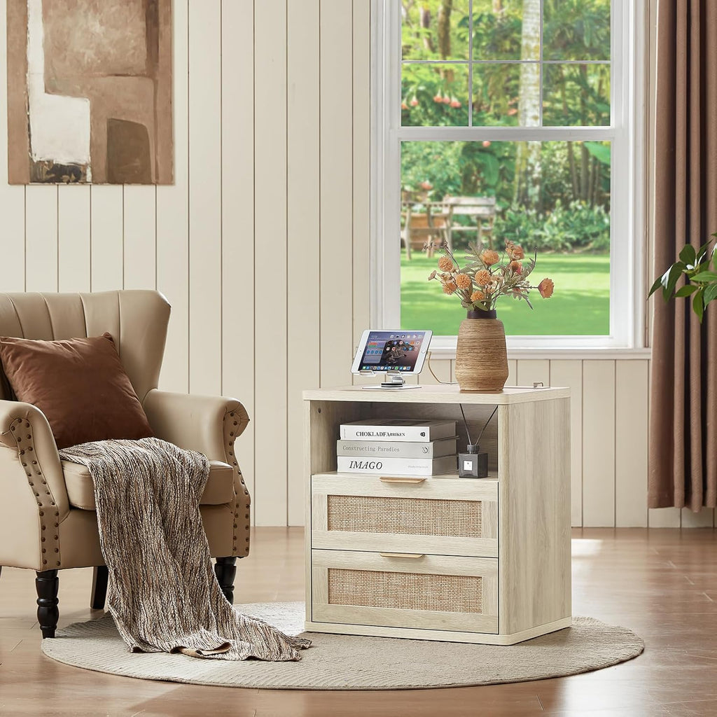 LEYAOYAO Boho Night Stands Set 2 with Charging Station, 23" Rattan Nightstand with 2 Drawers, White Bed Side Table, Bedside End Tables for Bedroom, Living Room Hallway