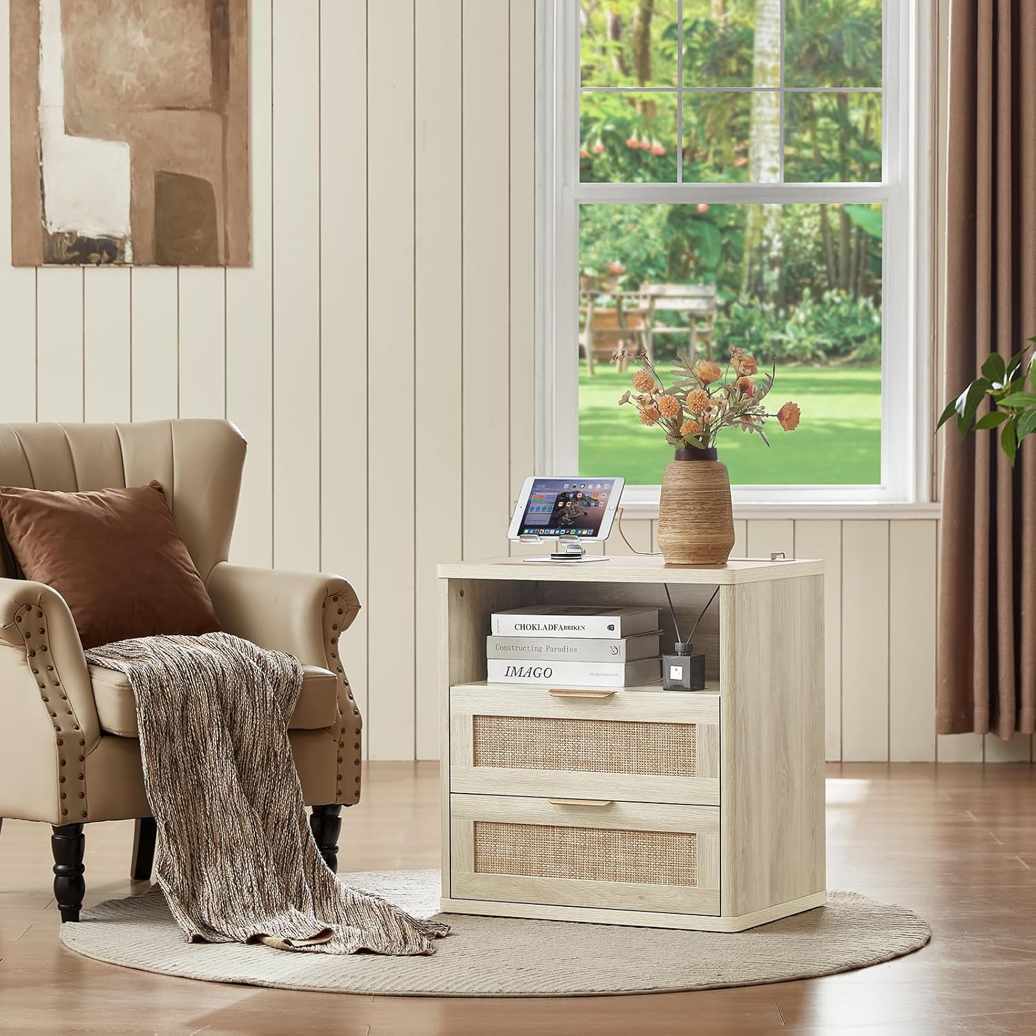 LEYAOYAO Boho Night Stands Set 2 with Charging Station, 23" Rattan Nightstand with 2 Drawers, White Bed Side Table, Bedside End Tables for Bedroom, Living Room Hallway