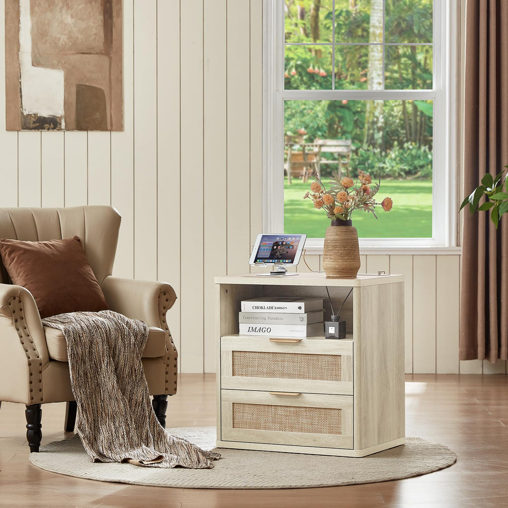 LEYAOYAO Rattan Nightstands Set of 2 with Charging Station, Boho Night Stand Dresser for Bedroom with Drawer, Grey White Bedside Table Open Storage Cabinet, Bed Side End Table, Living Room, Hallway