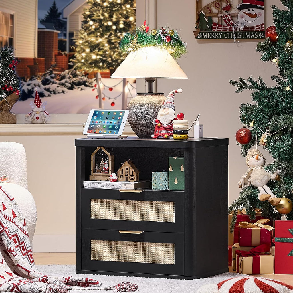LEYAOYAO Rattan 23" Nightstands with Charger Station 2 Drawers