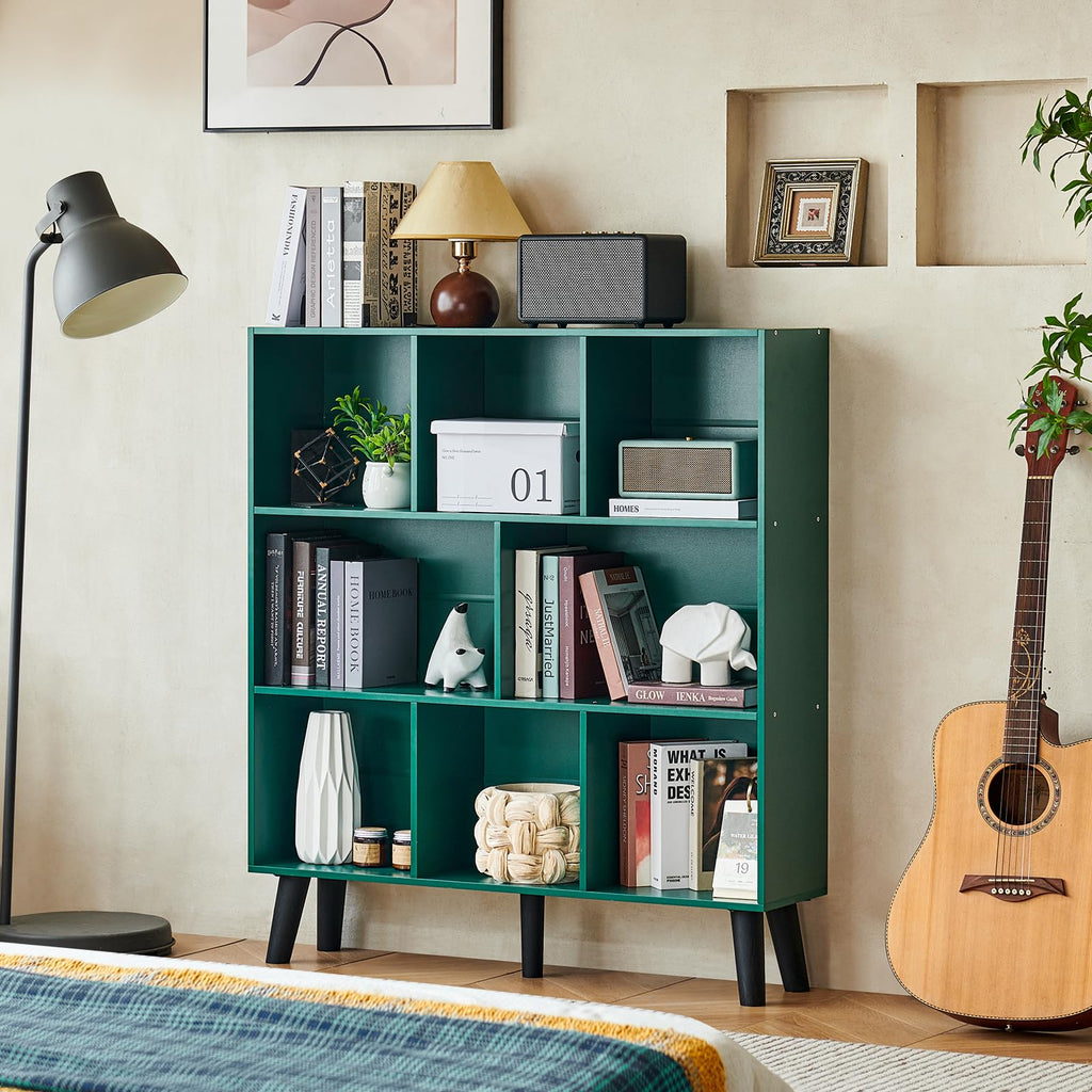 LEYAOYAO 7 Cube Bookshelf, Mid-Century Modern Bookcase Legs,Black Wooden Book Shelves, Wood 3-Tier Freestanding Storage Organizer Display Shelf for Bedroom,Living Room,Office