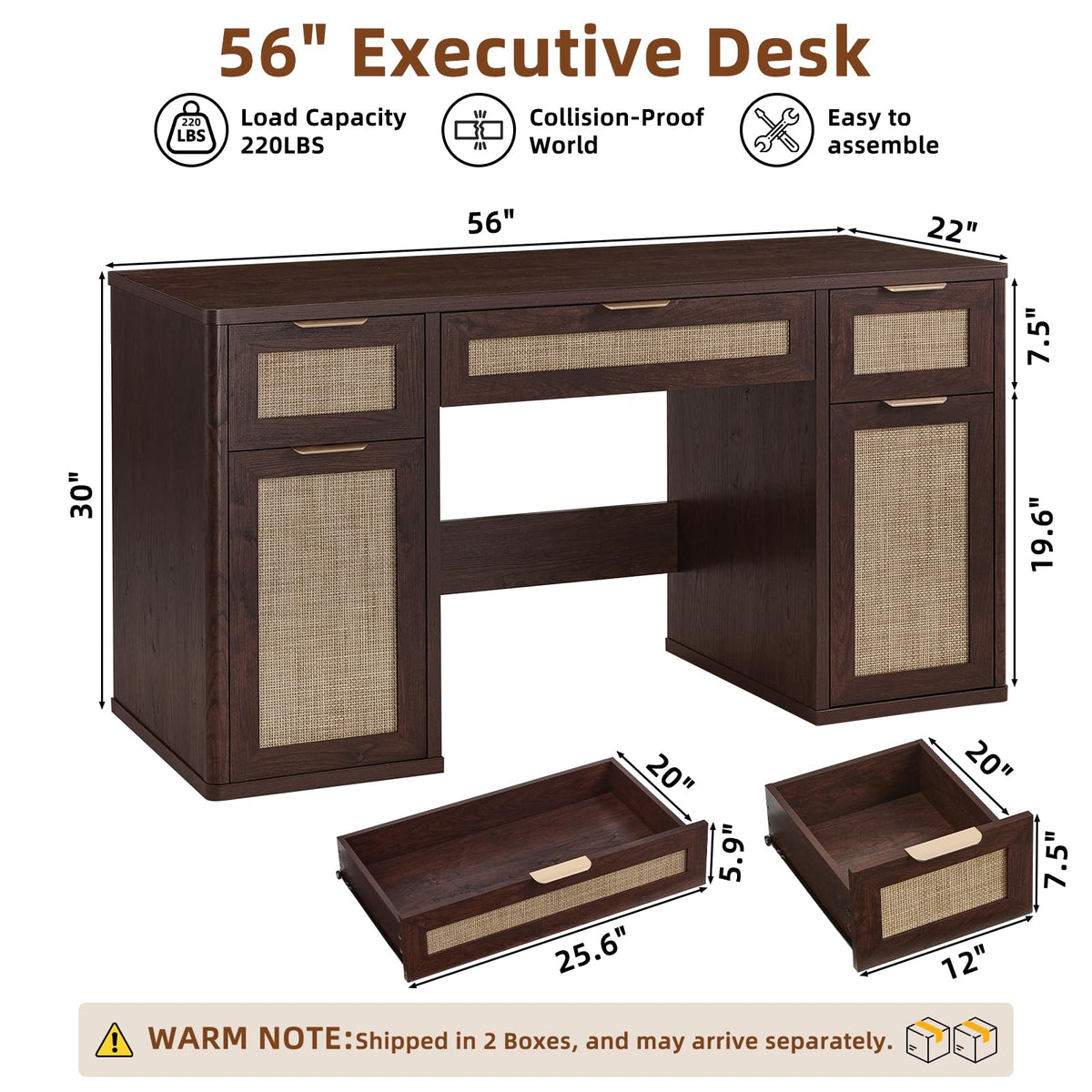 LEYAOYAO Office Desk 56" with 5 Drawers Storage File Cabinet, Natural