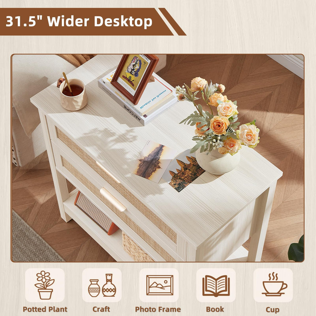 Lerliuo 31.5" Wide Rattan Nightstand,Oversized Large Boho Night Stand with 2 Drawers, 30" Tall Grey White Bedside Table with Storage Shelf, Bed Side End Tables for Bedroom, Living Room, Hallway